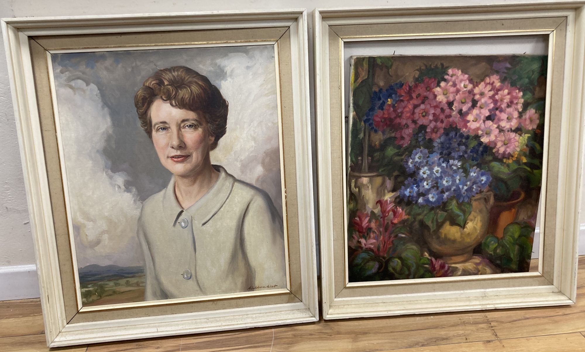 Waldron West, two oils on canvas, Still life of flowers and Portrait of a lady, both signed, 60 x 50cm